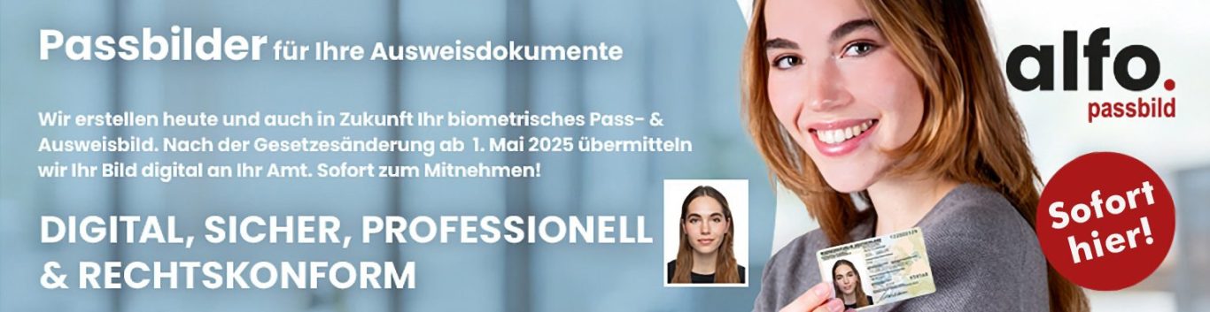 alfo passbild Lächelnde Frau hält eine ID-Karte, Hintergrund mit Text zu digitalen Dienstleistungen.
